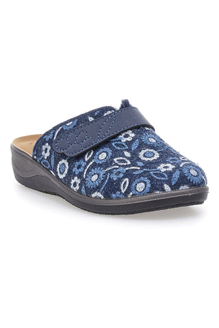 Blauer Slipper mit Blumenmuster, Klettverschluss und anatomischer Innensohle Inblu 15OD