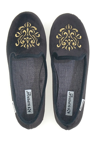 Superga S10U272 Schwarze Hausschuhe mit goldener Stickerei