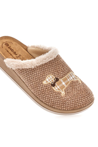 Beige Hausschuhe mit Hundestickerei und Inblu 42 CT Pelzbesatz