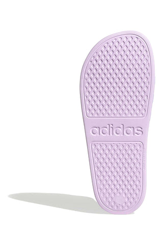 Lila Badeschuhe mit Adidas-Streifen Adilette Aqua