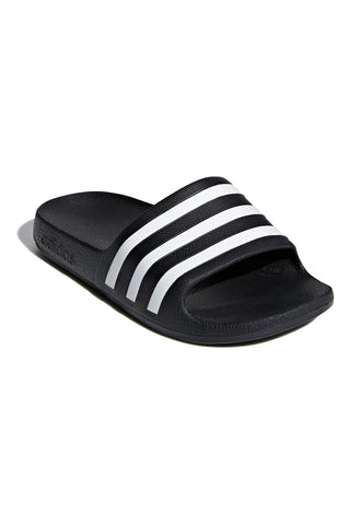 Schwarze und weiße Badeschuhe mit Adidas-Streifen Adilette Aqua K
