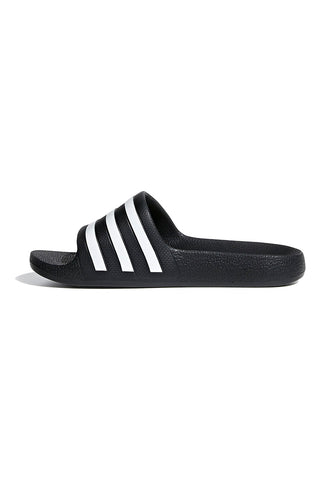 Schwarze und weiße Badeschuhe mit Adidas-Streifen Adilette Aqua K