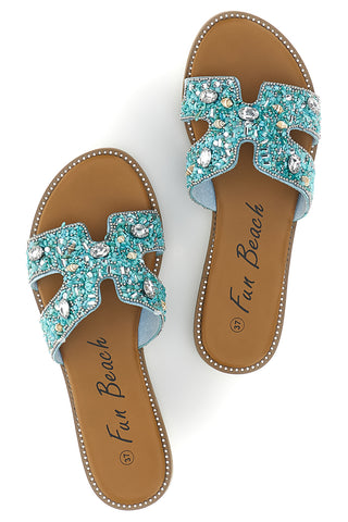 Ciabatte turchesi con pietre, brillanti e conchiglie Fun beach 15603