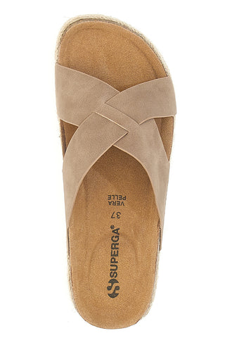 Beige Hausschuhe mit gekreuzten Riemen und Ledersohle Superga S11Y281