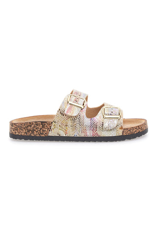 Mehrfarbige goldene Slipper mit Doppelschnalle und Sohle in Korkoptik FIRST ROW 14601