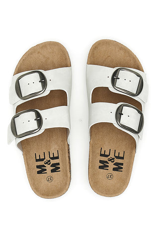 Me & Me 1043103 Weiße Damen-Hausschuhe mit Doppelband und großer Schnalle