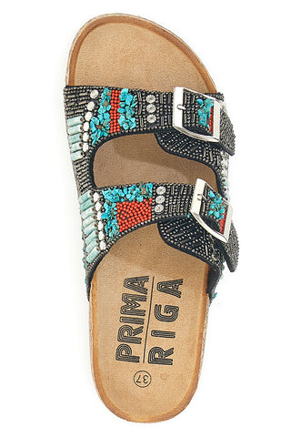 Ciabatte nere con fibbie e decorazioni etniche Prima Riga 14178