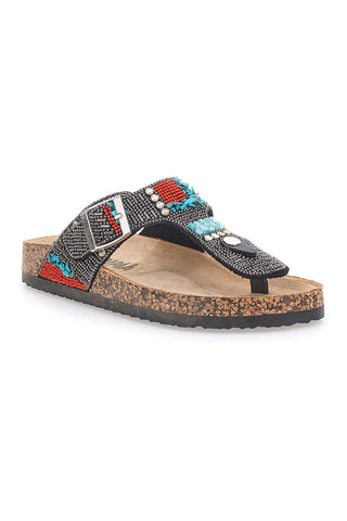 Schwarze Flip-Flops mit blauen und roten Steinen FIRST ROW 14179