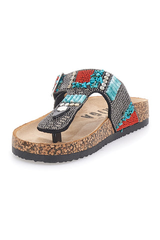 Schwarze Flip-Flops mit blauen und roten Steinen FIRST ROW 14179