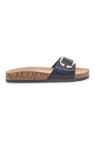 Schwarze Slipper mit Schnalle und Sohle in Korkoptik ME & ME 14168