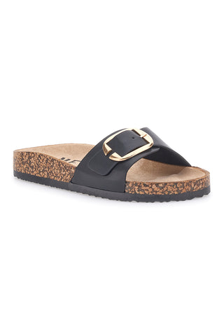 Schwarze Slipper mit Schnalle und Sohle in Korkoptik ME & ME 14168