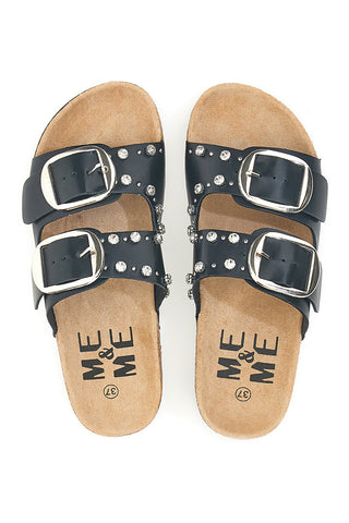 Me & Me 14320 Schwarze Hausschuhe mit doppelter Schnalle und Nieten