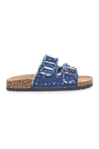 Ciabatte in denim con doppia fascia sfrangiata e borchie Me & Me 12502