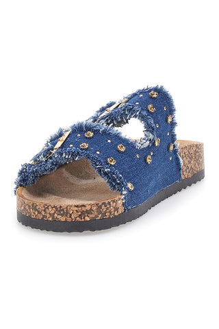 Me & Me 12502 Jeans-Hausschuhe mit doppelt ausgefranstem Band und Nieten