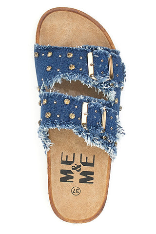 Me & Me 12502 Jeans-Hausschuhe mit doppelt ausgefranstem Band und Nieten