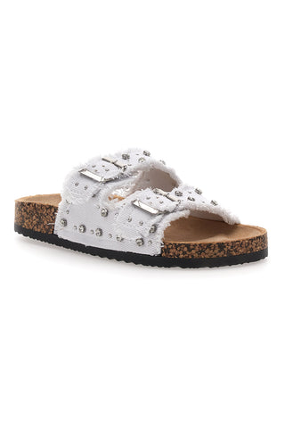 Me & Me 12502 Damen-Sandalen aus weißem Denim mit doppeltem Fransenband und Nieten
