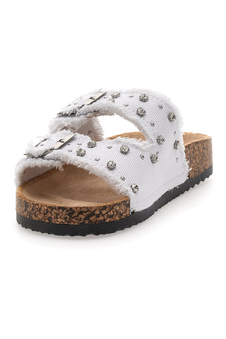Me & Me 12502 Damen-Sandalen aus weißem Denim mit doppeltem Fransenband und Nieten