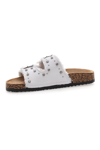 Me & Me 12502 Damen-Sandalen aus weißem Denim mit doppeltem Fransenband und Nieten
