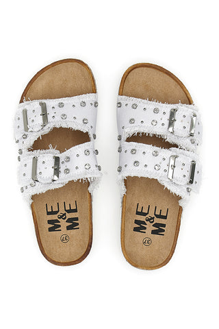 Me & Me 12502 Damen-Sandalen aus weißem Denim mit doppeltem Fransenband und Nieten