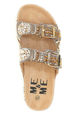 Kamelfarbene Hausschuhe mit doppelt verziertem Band Me & Me 14605