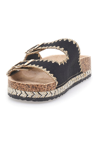 Schwarze Hausschuhe mit Doppelschnalle aus besticktem Stoff ME & ME 14184