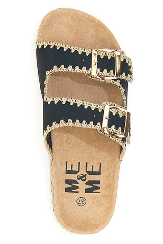 Schwarze Hausschuhe mit Doppelschnalle aus besticktem Stoff ME & ME 14184