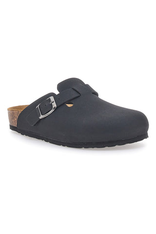 Schwarze Clogs mit Schnalle und Ledersohle Biomodex 32850