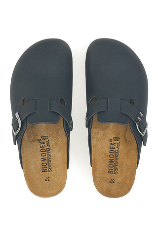 Schwarze Clogs mit Schnalle und Ledersohle Biomodex 32850