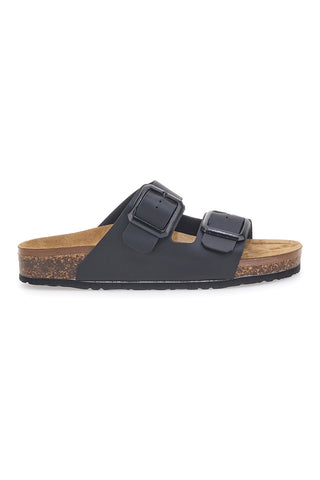 Schwarze Slipper mit Doppelschnalle und Biomodex-Leder-Innensohle 39900