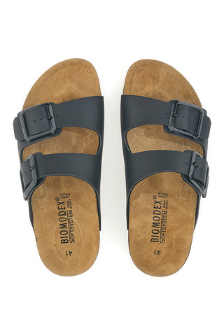 Schwarze Slipper mit Doppelschnalle und Biomodex-Leder-Innensohle 39900