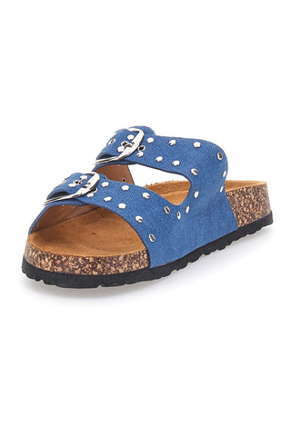Ciabatte blu in denim con borchie e doppia fibbia PITTARELLO SUN SR001