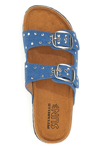 Ciabatte blu in denim con borchie e doppia fibbia PITTARELLO SUN SR001