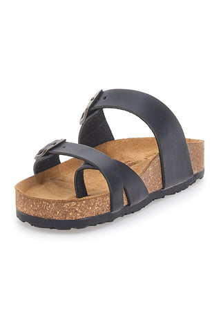 Schwarze Damen-Slipper mit Doppelschnalle und anatomischem Fußbett Bio Up 203