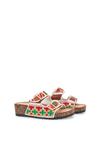 Ciabatte bianche con motivi etnici e fibbie Dame Rose APY65