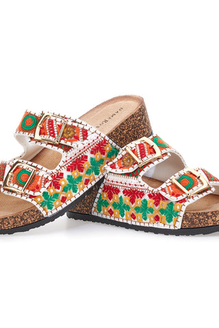 Ciabatte bianche con motivi etnici e fibbie Dame Rose APY65