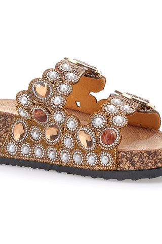 Dame Rose APY63 Sandalen mit Doppelschnalle und Strasssteinen in Bronze