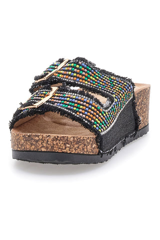 Sandali neri con perline multicolor e doppia fibbia Dame Rose APY66