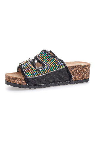 Sandali neri con perline multicolor e doppia fibbia Dame Rose APY66