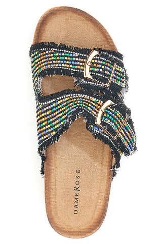 Sandali neri con perline multicolor e doppia fibbia Dame Rose APY66