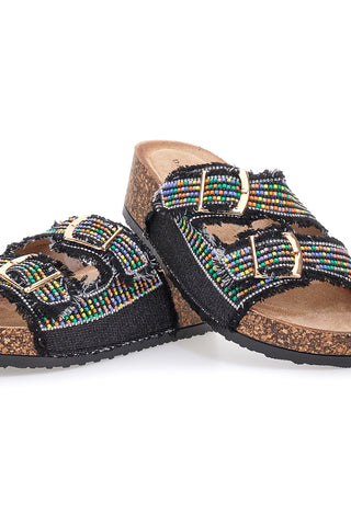 Sandali neri con perline multicolor e doppia fibbia Dame Rose APY66