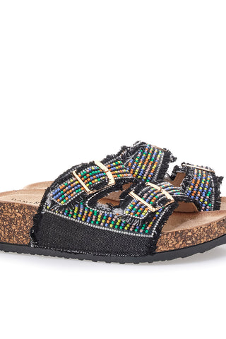 Sandali neri con perline multicolor e doppia fibbia Dame Rose APY66