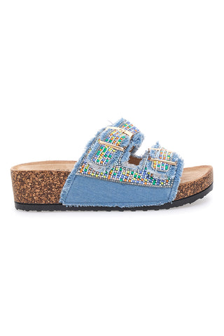Dame Rose APY66 Hausschuhe in Blau mit Denim-Effekt, mehrfarbigen Details und Schnallen