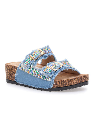 Dame Rose APY66 Hausschuhe in Blau mit Denim-Effekt, mehrfarbigen Details und Schnallen