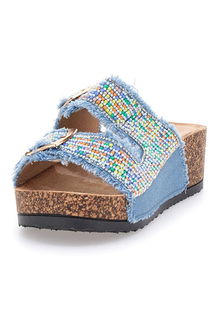Dame Rose APY66 Hausschuhe in Blau mit Denim-Effekt, mehrfarbigen Details und Schnallen