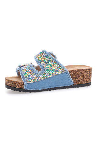 Dame Rose APY66 Hausschuhe in Blau mit Denim-Effekt, mehrfarbigen Details und Schnallen