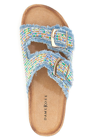 Dame Rose APY66 Hausschuhe in Blau mit Denim-Effekt, mehrfarbigen Details und Schnallen