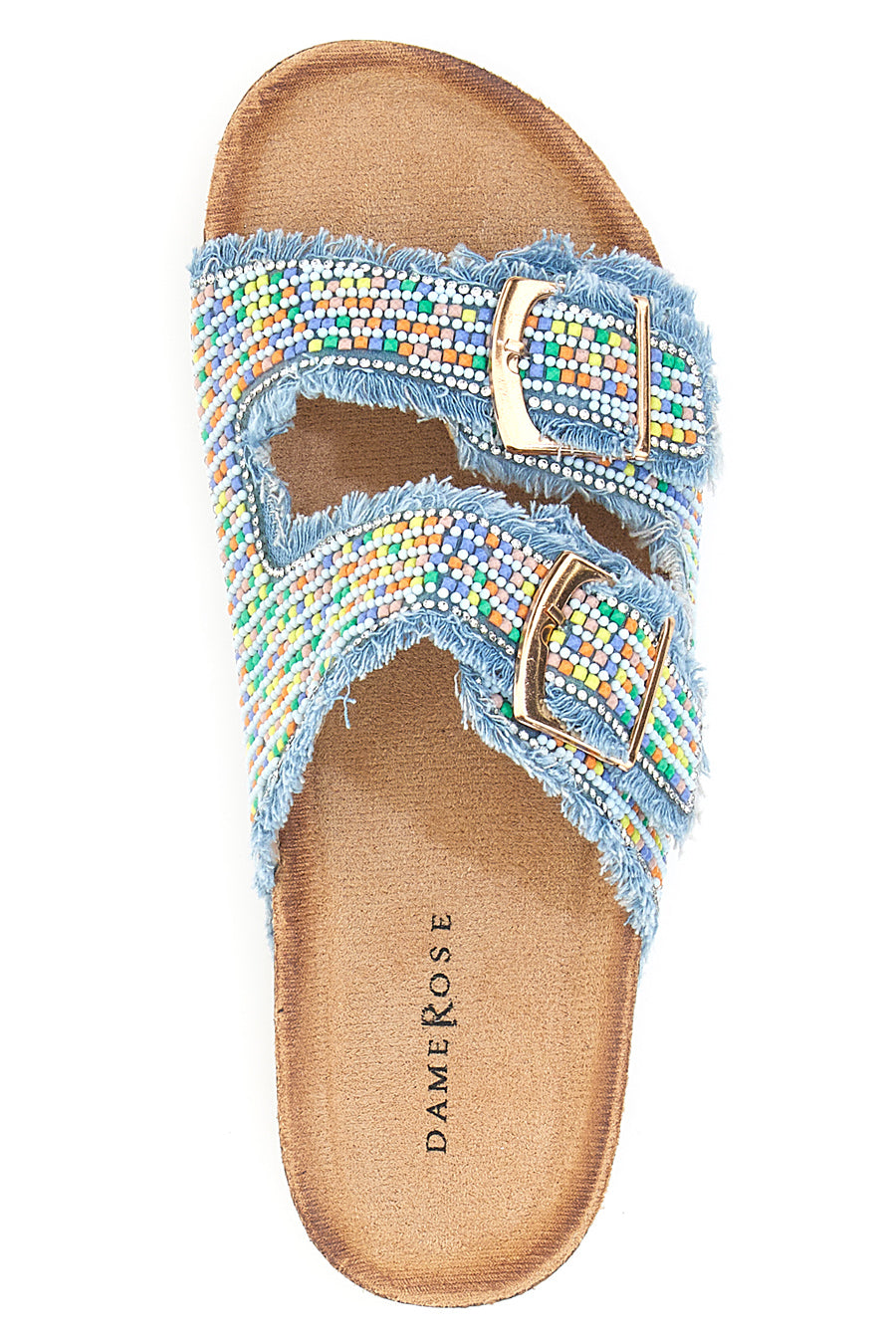 Ciabatte azzurre effetto jeans con dettagli multicolor e fibbie