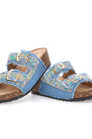 Dame Rose APY66 Hausschuhe in Blau mit Denim-Effekt, mehrfarbigen Details und Schnallen