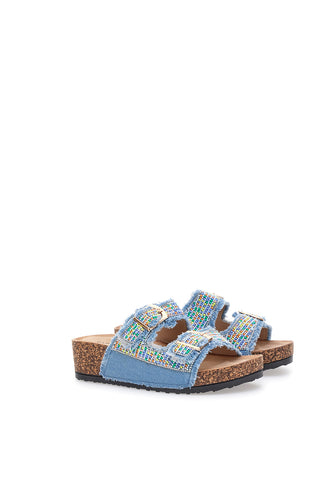 Dame Rose APY66 Hausschuhe in Blau mit Denim-Effekt, mehrfarbigen Details und Schnallen