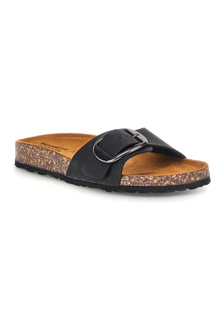 Schwarze Pantoffeln mit Riemen und Maxi-Schnalle Pittarello Sonne SR003